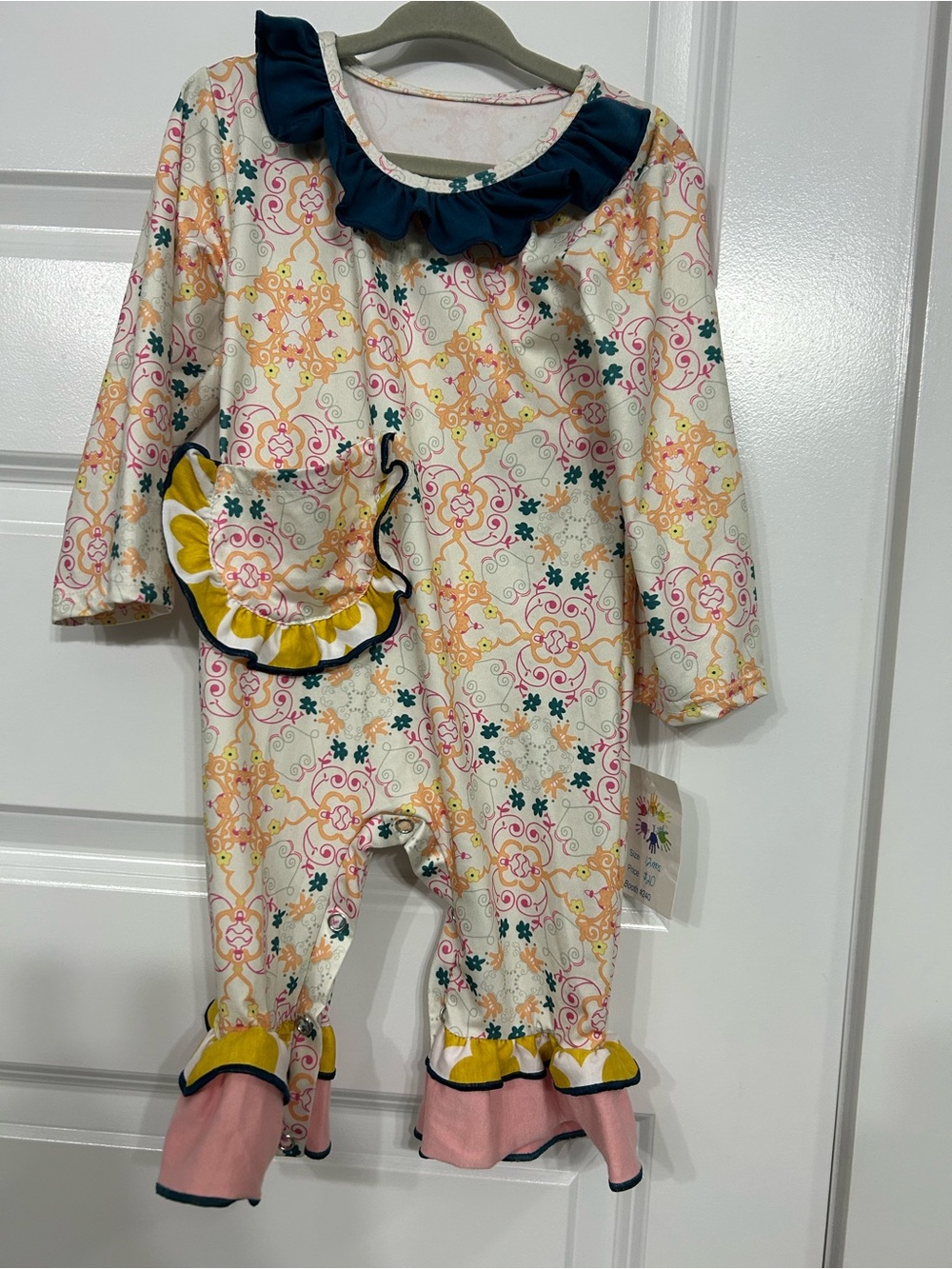 Girls' Pink Floral Ruffle One-Piece Romper with Navy Trim